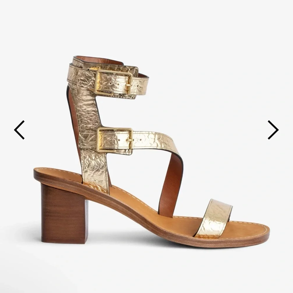 NWT ZADIG &VOLTAIRE Cecilia Crinkled Caprese Sandals in Gold SZ 38 - Picture 1 of 10